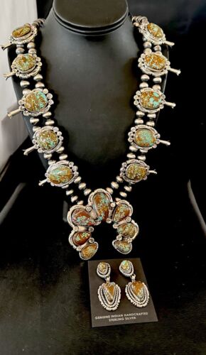 Navajo Blue Turquoise #8 Squash Blossom Necklace with Naja Earrings | Sterling Silver | 17204 - Masha USA