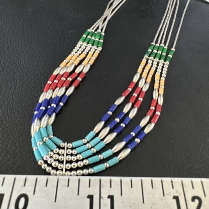 Multicolor Lapis Coral Heishi Liquid Sterling Silver Necklace | 5 Strand | 20" | 15886