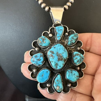 Navajo Blue Kingman Turquoise Cluster Pendant | Sterling Silver | 3" | Authentic Native American Handmade | 17417