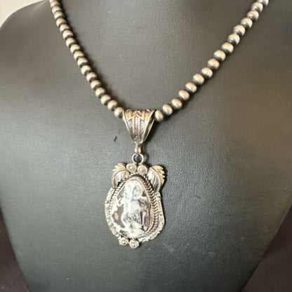 Navajo White Buffalo Turquoise Pendant Necklace | Sterling Silver | Authentic Native American Handmade | 17523
