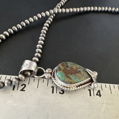 Navajo Blue Turquoise Pendant Necklace | Sterling Silver Pearls | Authentic Native American Handmade | 15654