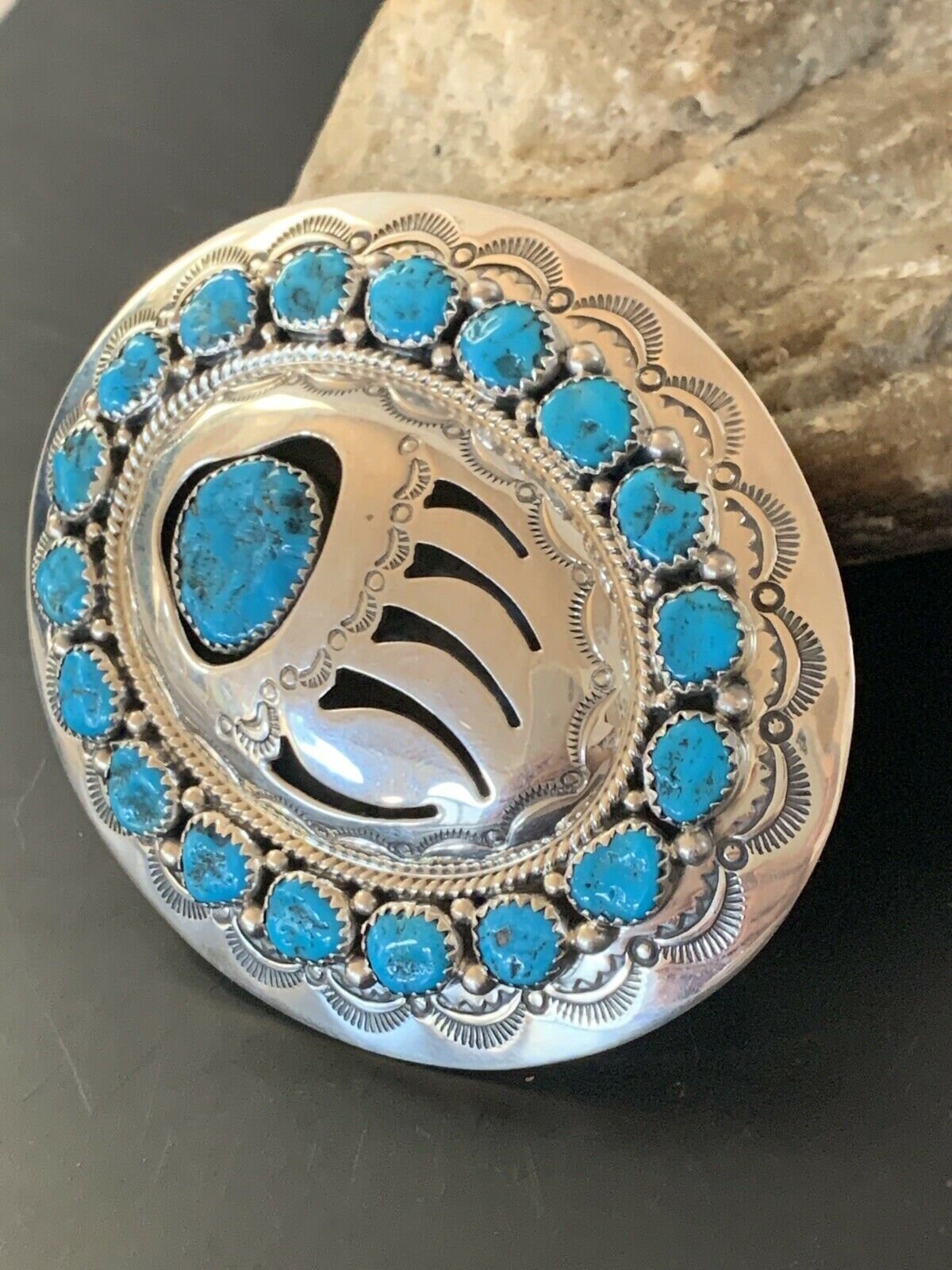 Bearpaw Navajo Blue Kingman Turquoise Concho Belt Buckle | Sterling Silver | Authentic Native American Handmade | 2082