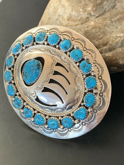 Bearpaw Navajo Blue Kingman Turquoise Concho Belt Buckle | Sterling Silver | Authentic Native American Handmade | 2082
