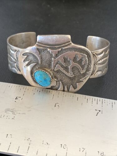 Navajo Sterling Silver Cuff Bracelet | Blue Kingman Turquoise | Men's | Authentic Native American Handmade