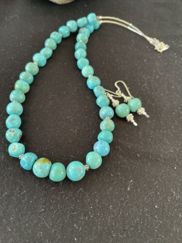Navajo Blue Turquoise Earrings & Necklace Set | Sterling Silver | 20" | Authentic Native American Handmade | 01234