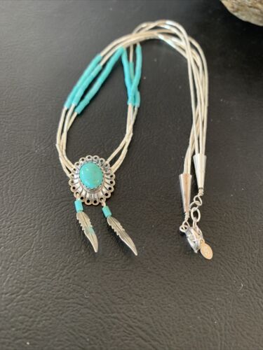 Girls Turquoise Liquid Heishi Necklace | 3-Strand Sterling Silver with Feather Pendant | 02049