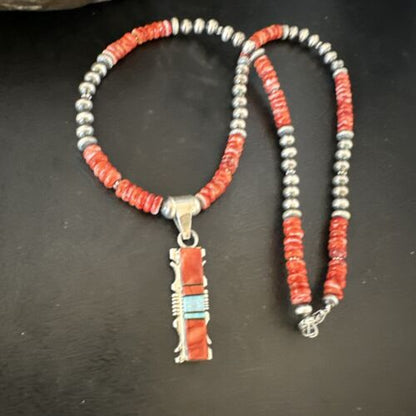 Navajo Red Spiny Oyster Opal Pendant Necklace | Sterling Silver Inlay | Authentic Native American Handmade | 16885