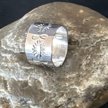 Men's Wide Band Navajo Stamped Ring | Sterling Silver | Sz 9.5 | Authentic Native American Handmade | 14977