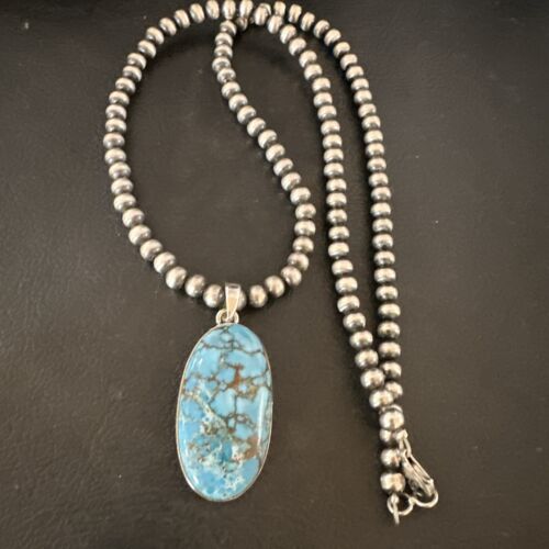 Navajo Blue Spiderweb Turquoise Pendant Necklace | Sterling Silver | Authentic Native American Handmade | 17028