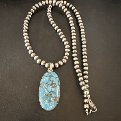 Navajo Blue Spiderweb Turquoise Pendant Necklace | Sterling Silver | Authentic Native American Handmade | 17028