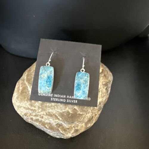 Navajo Blue Turquoise Dangle Earrings | Sterling Silver | Authentic Native American Handmade | 15431