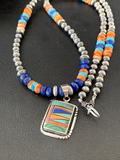 Navajo Native American Multicolor Turquoise Spiny Inlay Pendant Necklace | Sterling Silver | 10335