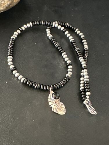 Navajo Black Onyx Pendant | Pearl Sterling Silver Necklace | Authentic Native American Handmade | 14899