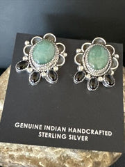 Navajo Black Onyx Green Jade Earrings | Sterling Silver | 1" | Authentic Native American Handmade | 15333