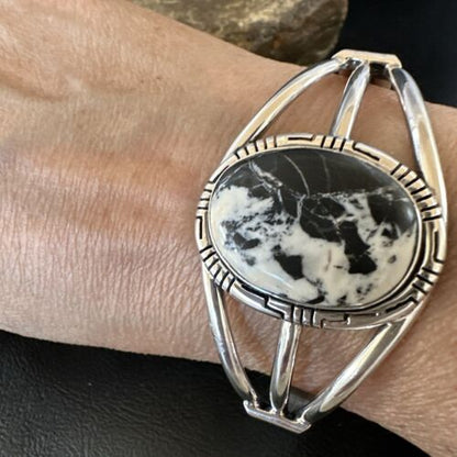 Navajo White Buffalo Turquoise Cuff Bracelet | Sterling Silver | Authentic Native American Handmade | 16251