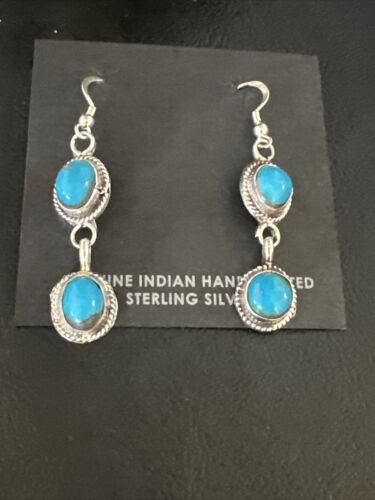 Kingman Turquoise Dangle Earrings | Navajo Sterling Silver | Authentic Native American Handmade | 14869