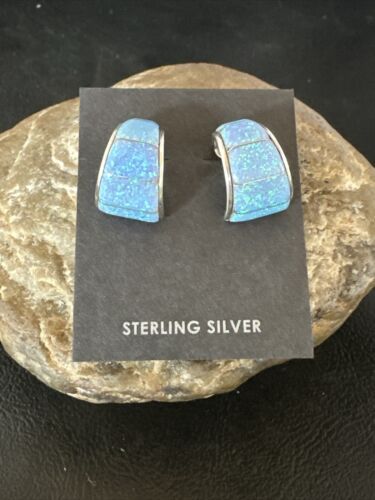 Navajo Blue Opal Inlay Post Earrings | Sterling Silver | Authentic Native American Handmade | 16949