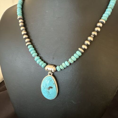 Navajo Blue Kingman Turquoise Pendant Necklace | Sterling Silver | 21" | Authentic Native American Handmade | 16932