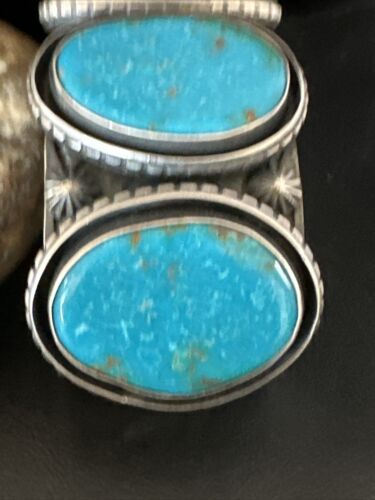 XL Men's Kingman Turquoise 3 Stone Cuff Bracelet | Navajo Sterling Silver | Authentic Native American Handmade | 15851