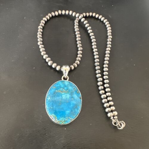 Navajo Blue Kingman Turquoise Pendant Necklace | Sterling Silver | 20" | Authentic Native American Handmade | 16675
