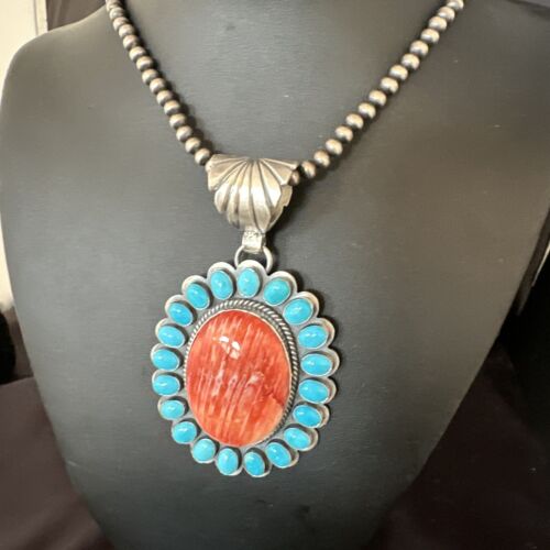 Navajo Kingman Turquoise & Red Spiny Oyster Pendant | Sterling Silver | Authentic Native American Handmade | 15449