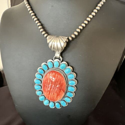 Navajo Kingman Turquoise & Red Spiny Oyster Pendant | Sterling Silver | Authentic Native American Handmade | 15449