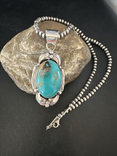 Navajo Pearls Necklace with Blue Turquoise Pendant | Sterling Silver | Authentic Native American Handmade | 14879