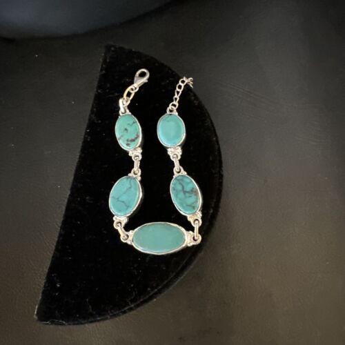 Navajo Blue Turquoise Link Bracelet | Sterling Silver | 8" | Authentic Native American Handmade | 15471