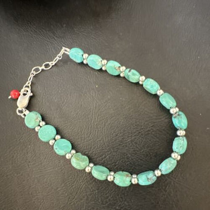 Navajo Blue Turquoise Bead Bracelet | Sterling Silver Link | 8" | Authentic Native American Jewelry | 17235