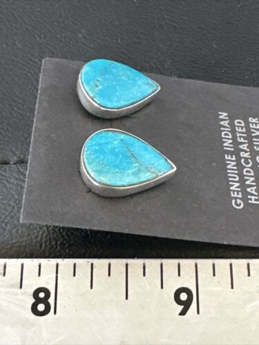 Navajo Blue Kingman Turquoise Post Stud Earrings | Sterling Silver | Authentic Native American Handmade | 17408