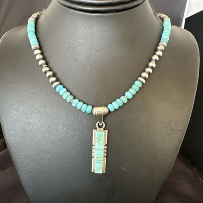 Navajo Turquoise #8 Inlay Pendant Necklace | Sterling Silver | Authentic Native American Handmade | 17055