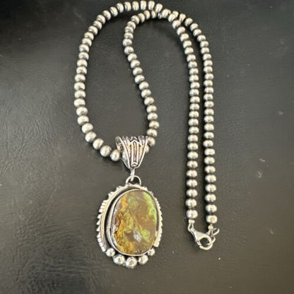 Navajo Green Gaspeite Pendant Necklace | Sterling Silver | Authentic Native American Handmade | 17425