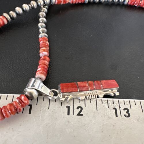 Navajo Red Spiny Oyster Pendant Necklace | Sterling Silver Inlay | Authentic Native American Handmade | 16853