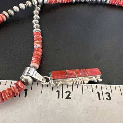 Navajo Red Spiny Oyster Pendant Necklace | Sterling Silver Inlay | Authentic Native American Handmade | 16853