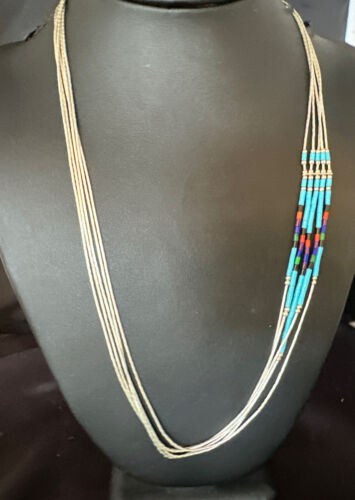 Multi-Color Liquid Silver Heishi Necklace | 5-Strand Sterling Tubes | 22" | 15047