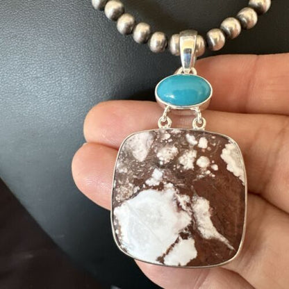 Men's Wild Horse Blue Kingman Turquoise Necklace | Sterling Silver SW Pendant | Multi-Stone | 17324