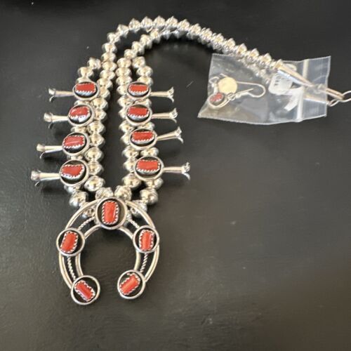 Navajo Red Coral Shadowbox Squash Blossom Necklace | Sterling Silver | 17" | Authentic Native American Handmade | 16118