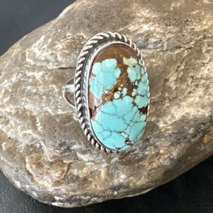 Men's & Women's Blue Turquoise #8 Navajo Ring | Sterling Silver | Sz 9.5 | Authentic Native American Handmade | 16639