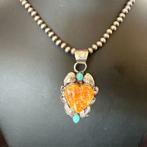 Navajo Spiny Oyster Heart Turquoise Pendant Necklace | Sterling Silver | Authentic Native American Handmade | 16456