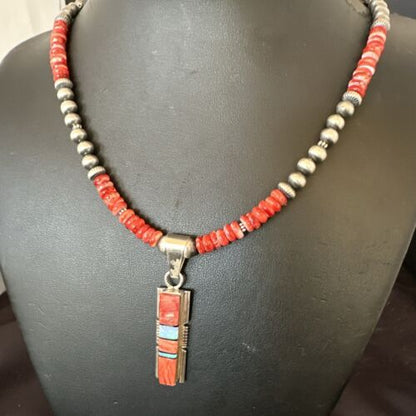 Red Spiny Oyster Opal Inlay Pendant Necklace | Navajo Sterling Silver | 16886