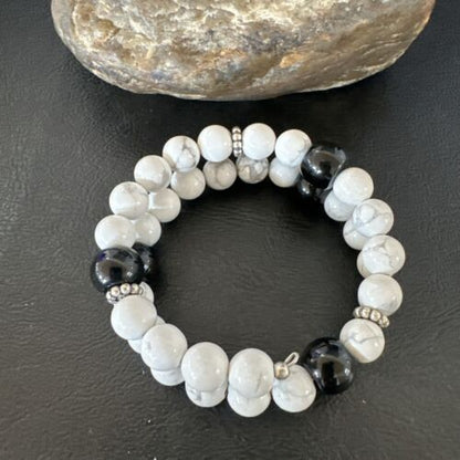 Memory Wire Stainless Steel Howlite Onyx Bead Bracelet 17617