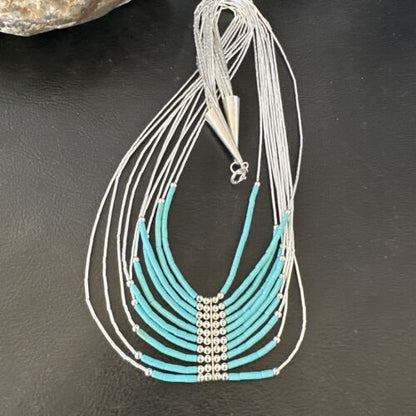 Navajo Blue Turquoise 10-Strand Heishi Necklace | Sterling Liquid Silver Tubes | 22" | 16448