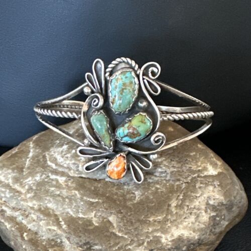 Navajo Royston Turquoise Spiny Cuff Bracelet | Sterling Silver Tufa Cast | Authentic Native American Handmade | 16776