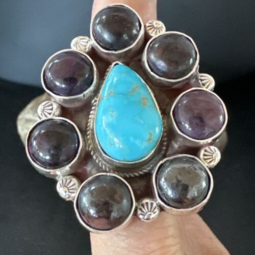 Navajo Cluster Blue Kingman Turquoise Sugilite Ring | Authentic Native American Sterling Silver | Multi-Stone | Sz 7 | 16772
