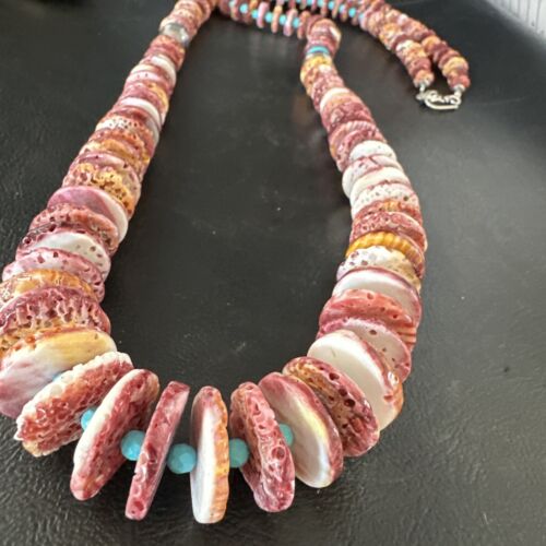 Authentic Native American Navajo Necklace | Purple Spiny Oyster & Turquoise | Sterling Silver | 34" | 15091