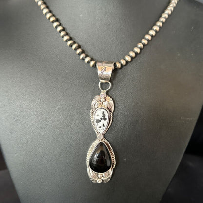Navajo White Buffalo Turquoise Onyx Necklace Pendant | Sterling Silver | Authentic Native American Handmade | 15316