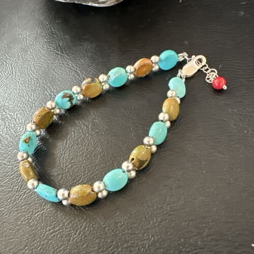 Women's Blue Turquoise Bead Bracelet | Southwestern Sterling Silver Link | 8" | 17232