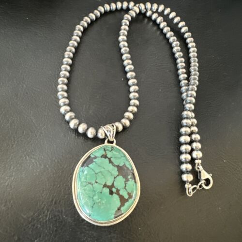 Men's Navajo Blue Spiderweb Turquoise Pendant Necklace | Sterling Silver | Native American Handmade | 16272