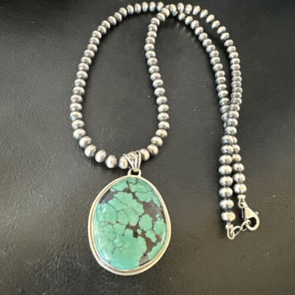 Men's Navajo Blue Spiderweb Turquoise Pendant Necklace | Sterling Silver | Native American Handmade | 16272