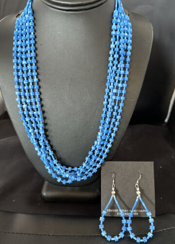 Navajo Blue Denim Lapis Necklace Earrings Set | 5-Strand Sterling Silver | Authentic Native American Handmade | 15772
